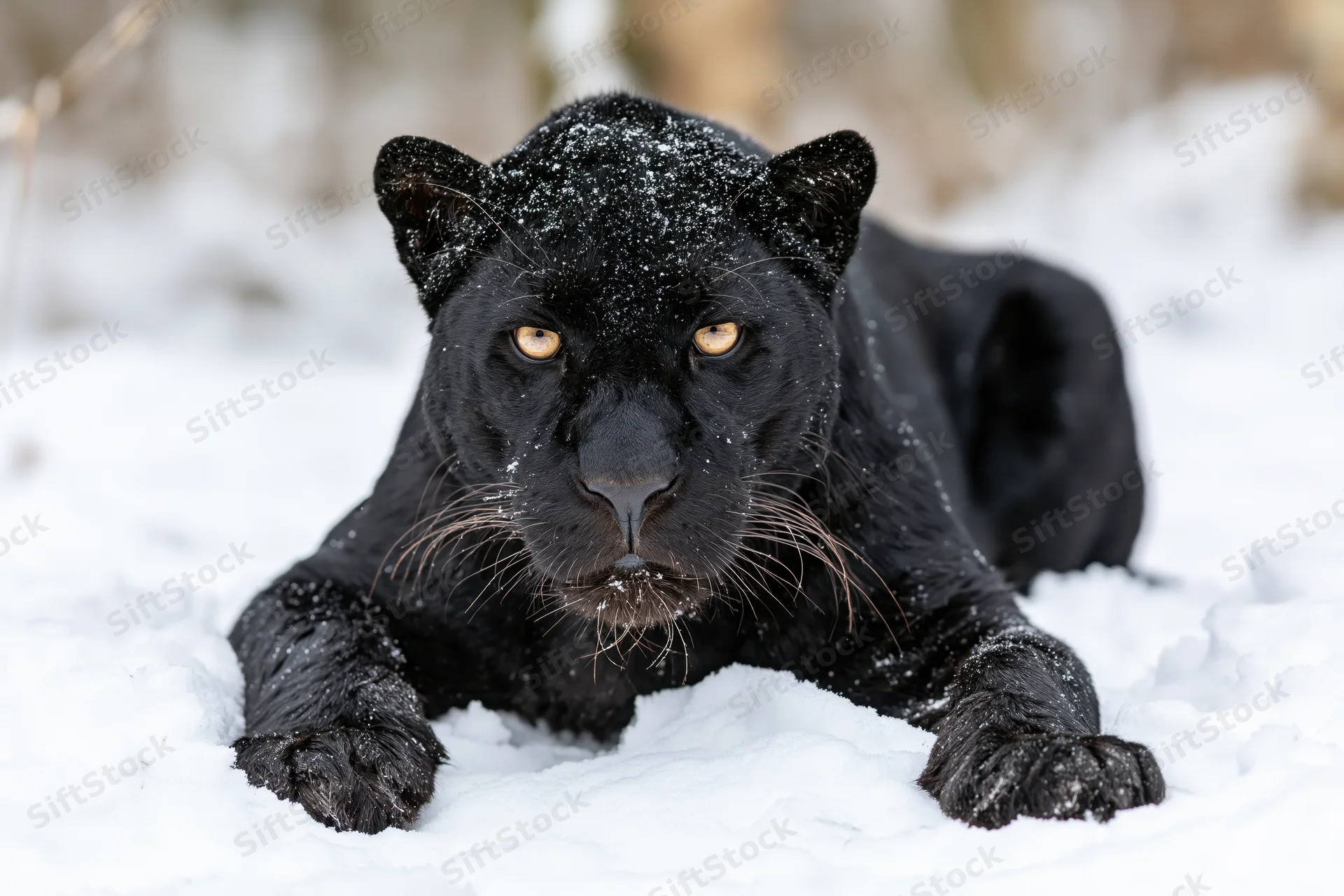 Black panther lying low in deep snow facing the camera with golden eyes