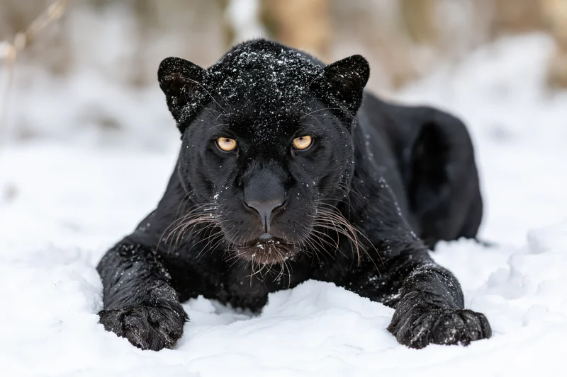 Black panther lying low in deep snow facing the camera with golden eyes