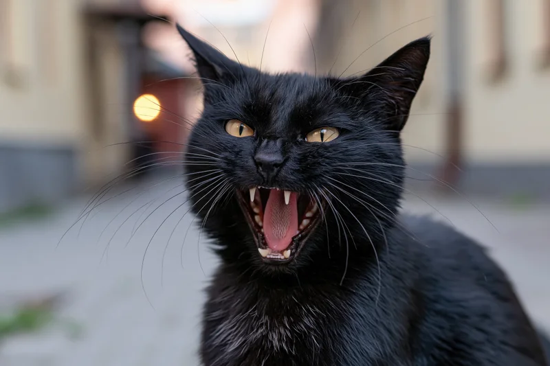 Black cat hissing with mouth wide open showing teeth in an urban alleyway