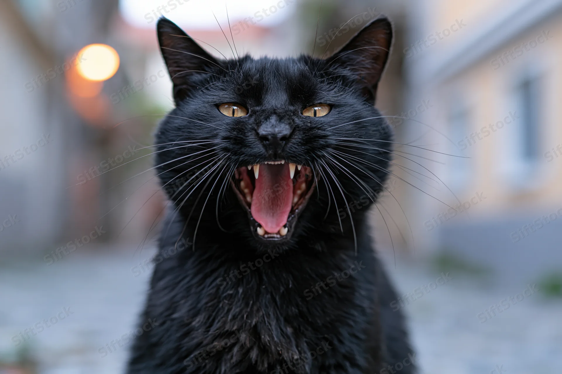 Black cat hissing with mouth wide open showing teeth in urban street setting