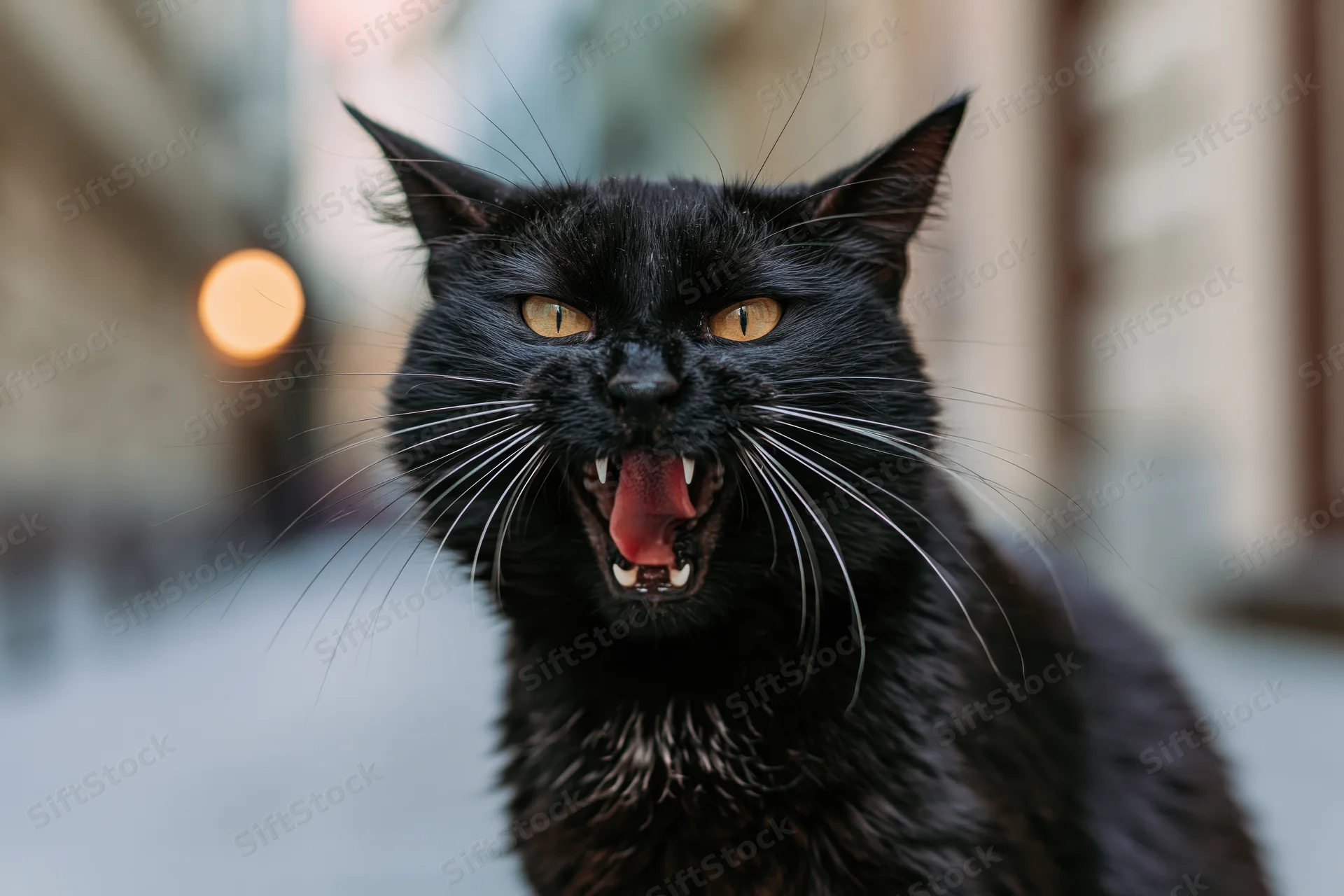 Black cat hissing with mouth wide open on city street