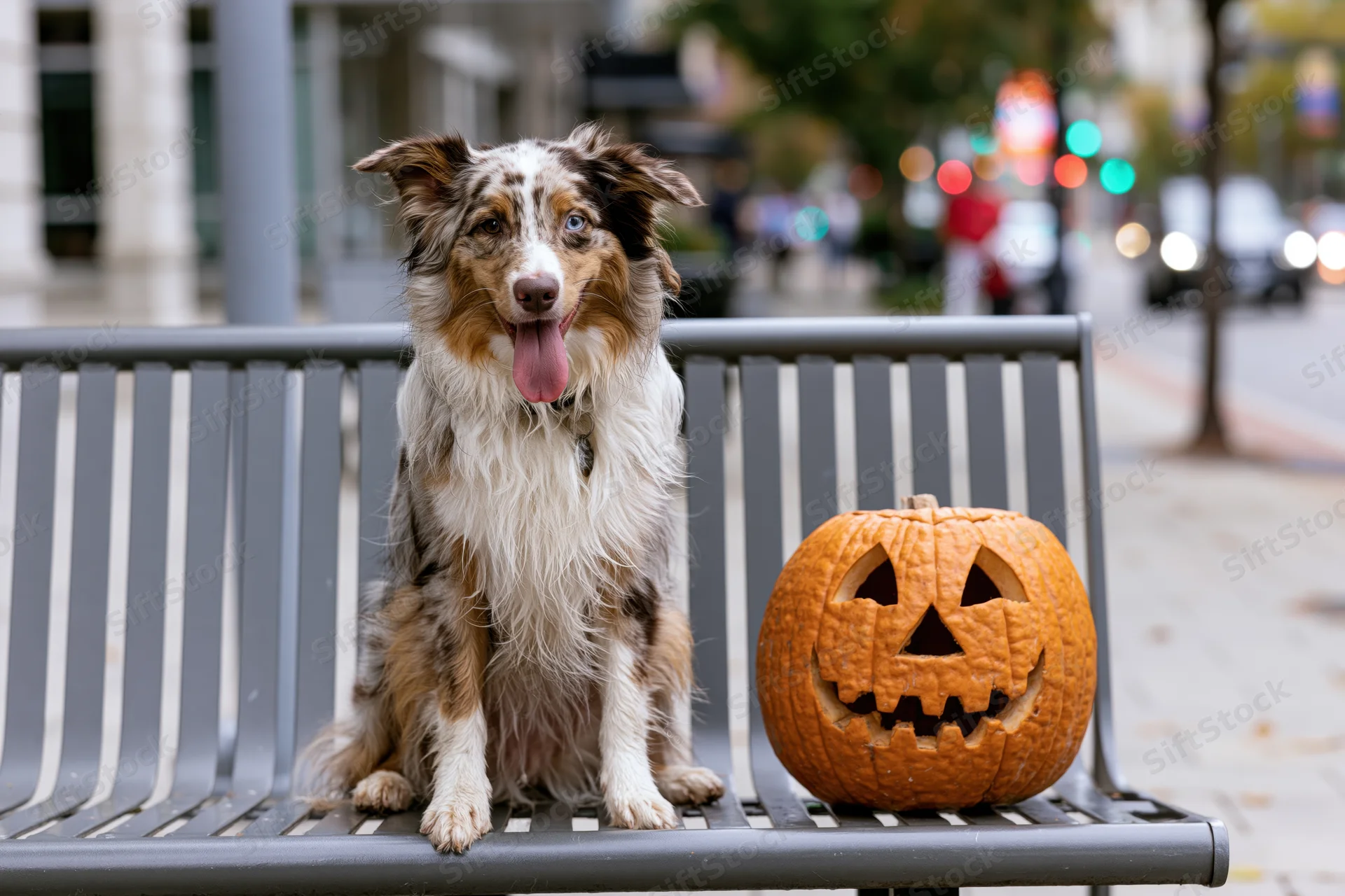 Blue merle australian shepherd sitting upright on metal bench beside carved pumpkin in city street setting