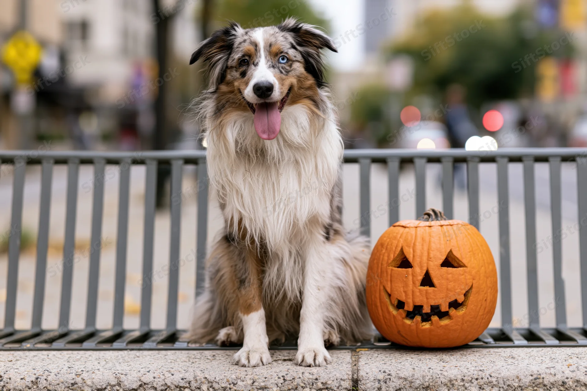 Blue merle australian shepherd sitting upright beside carved pumpkin on city sidewalk railing