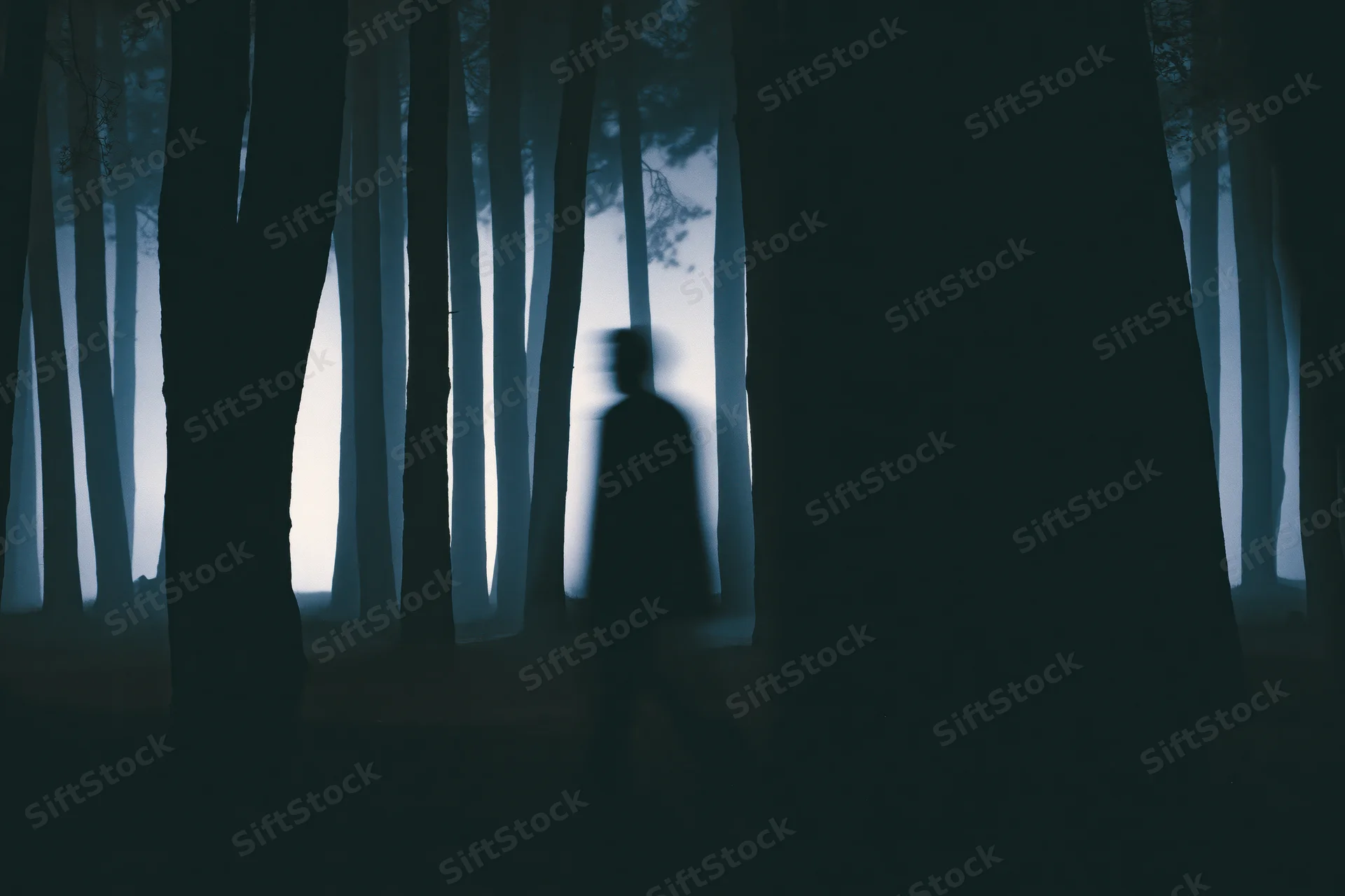 Blurred silhouette of a lone figure walking through a dense misty forest at night