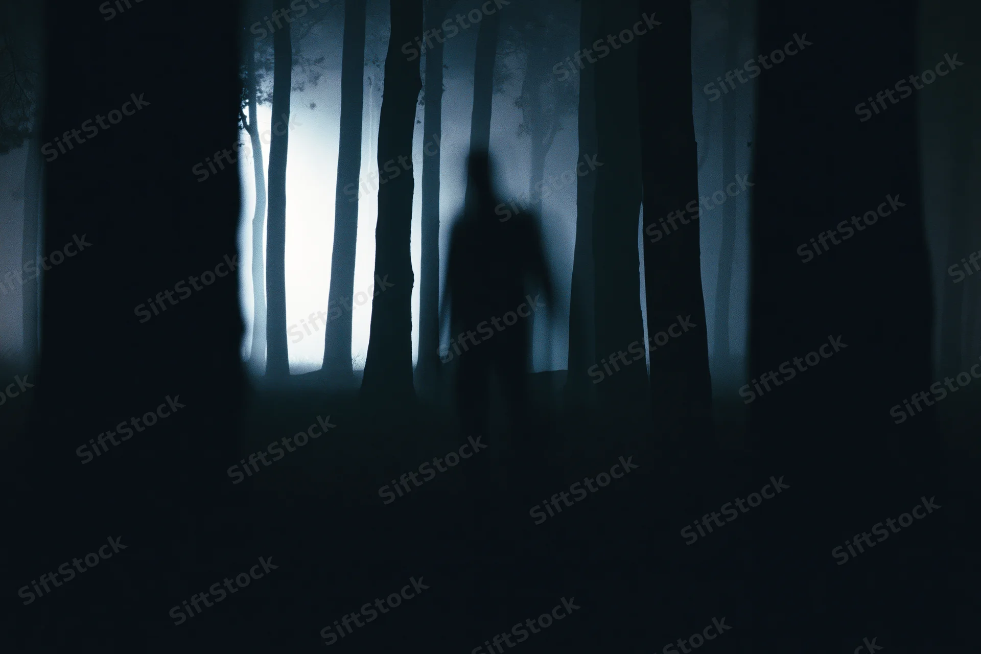 Blurred silhouette of a lone figure walking through a dense foggy forest at night