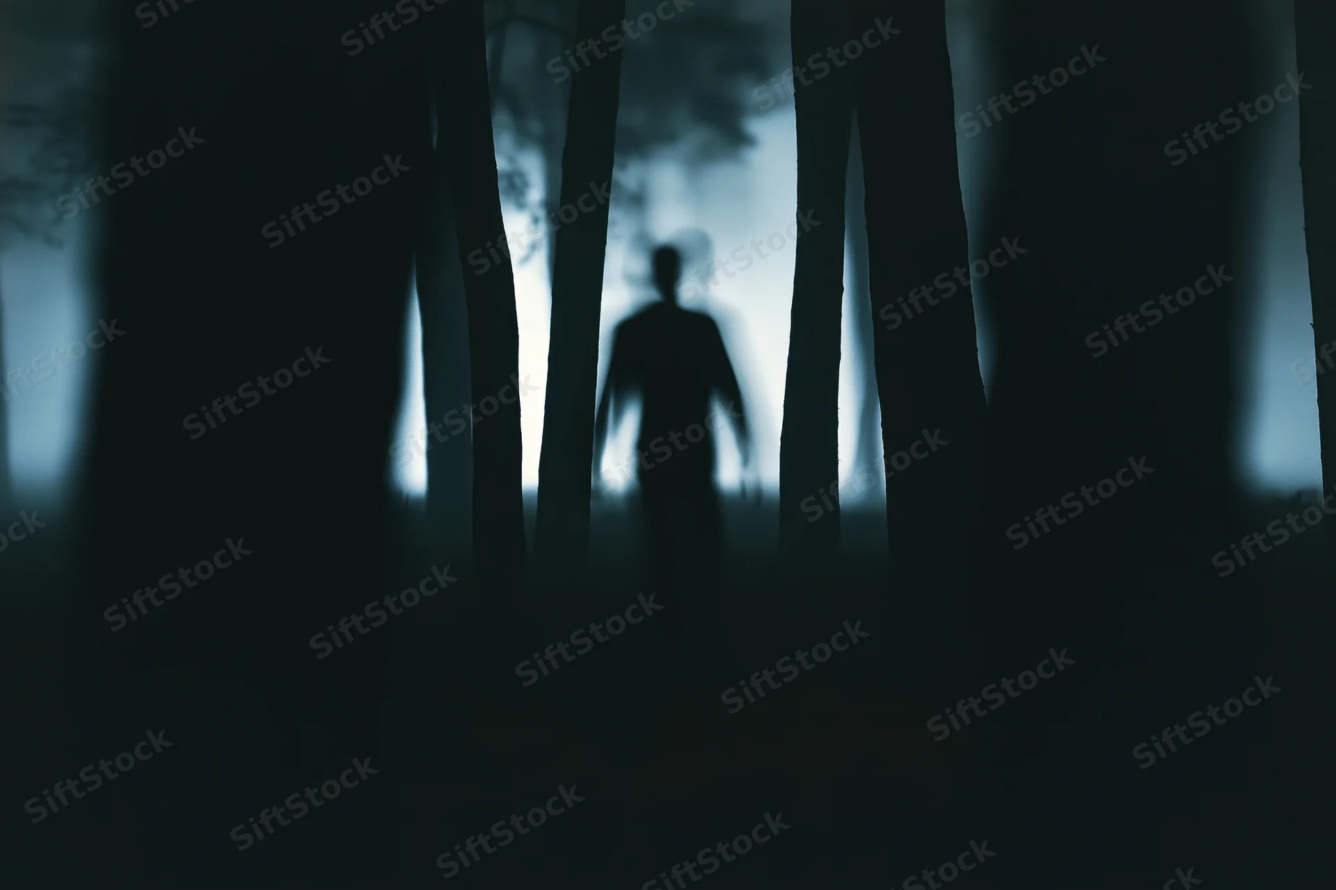 Blurred silhouette of a lone figure walking through a dense foggy forest at night