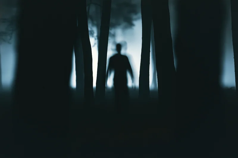 Blurred silhouette of a lone figure walking through a dense foggy forest at night