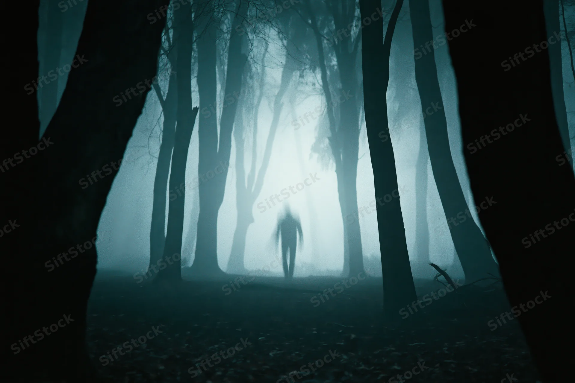 Blurred silhouette of a lone figure walking through a foggy forest at night