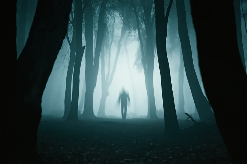 Blurred silhouette of a lone figure walking through a foggy forest at night