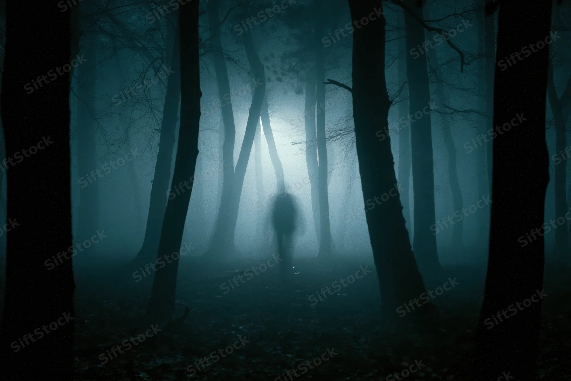 Blurred silhouette of a lone figure walking through a foggy forest at night
