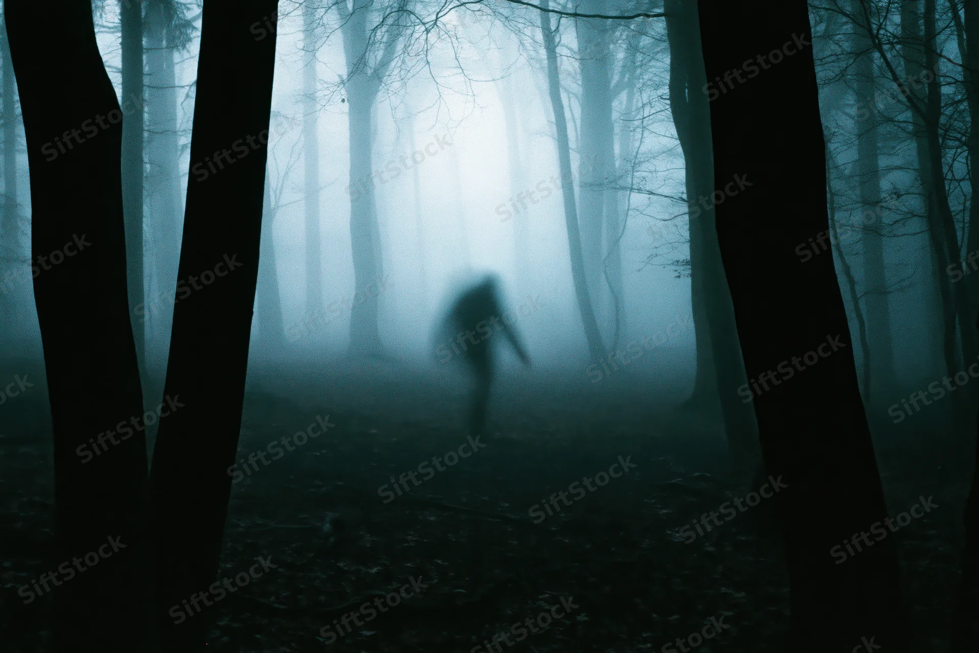 Blurred silhouette of a lone figure walking through a foggy forest at night