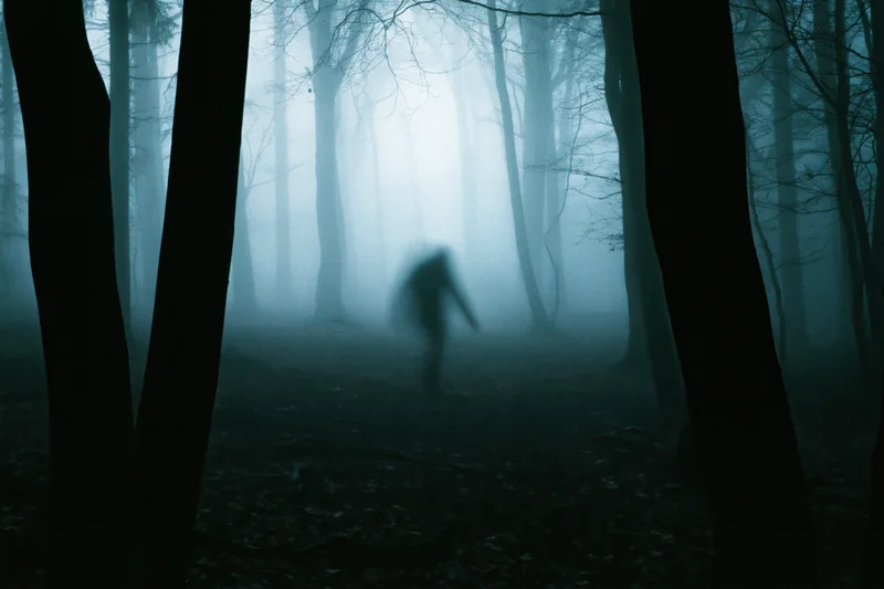 Blurred silhouette of a lone figure walking through a foggy forest at night