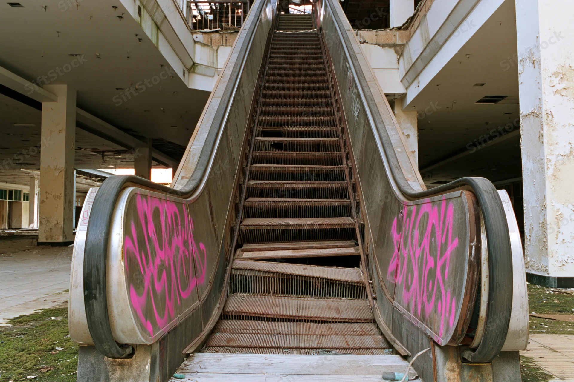 Broken escalator with pink graffiti in an abandoned building interior