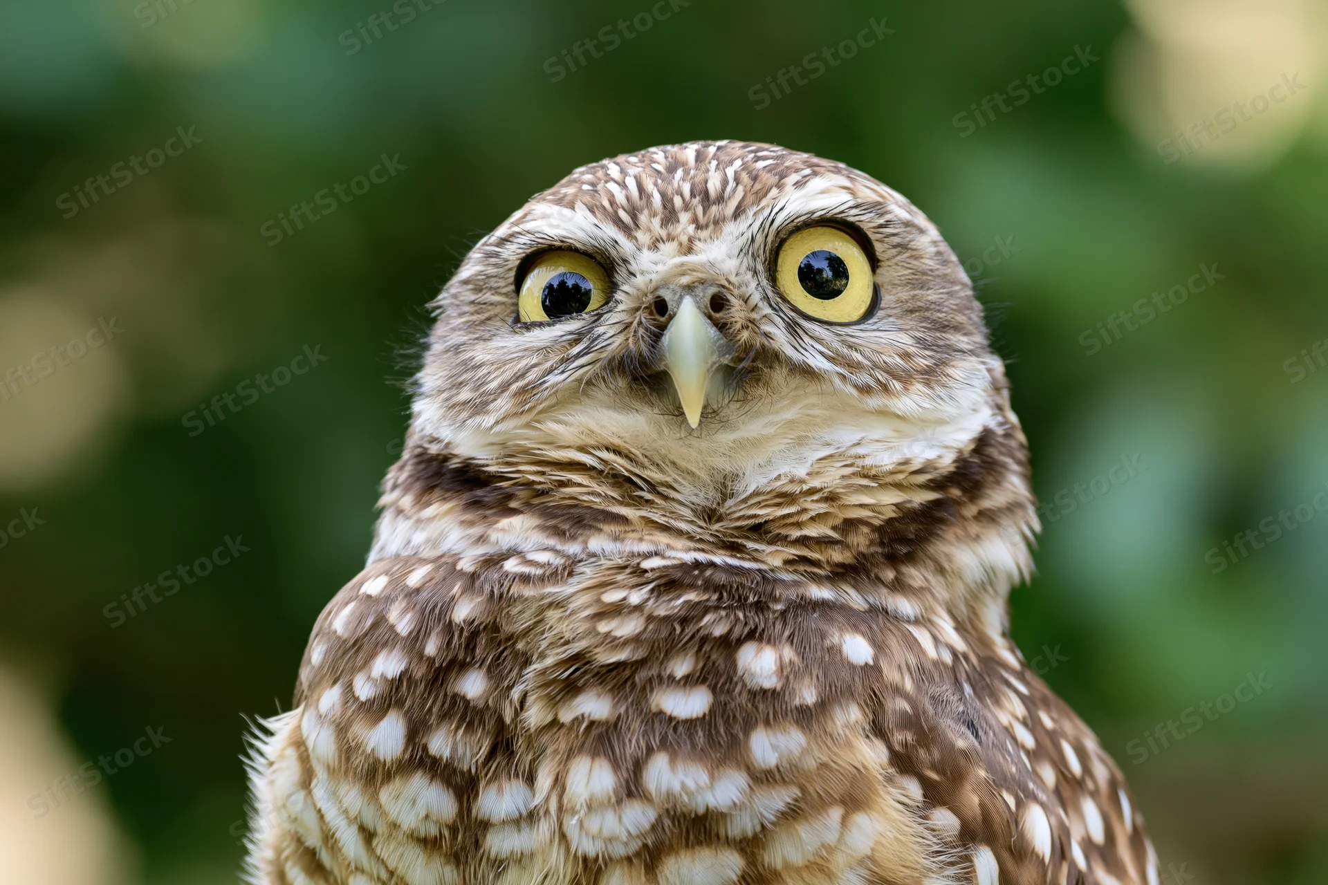 Burrowing owl tilting head sideways with wide yellow eyes in a green outdoor setting