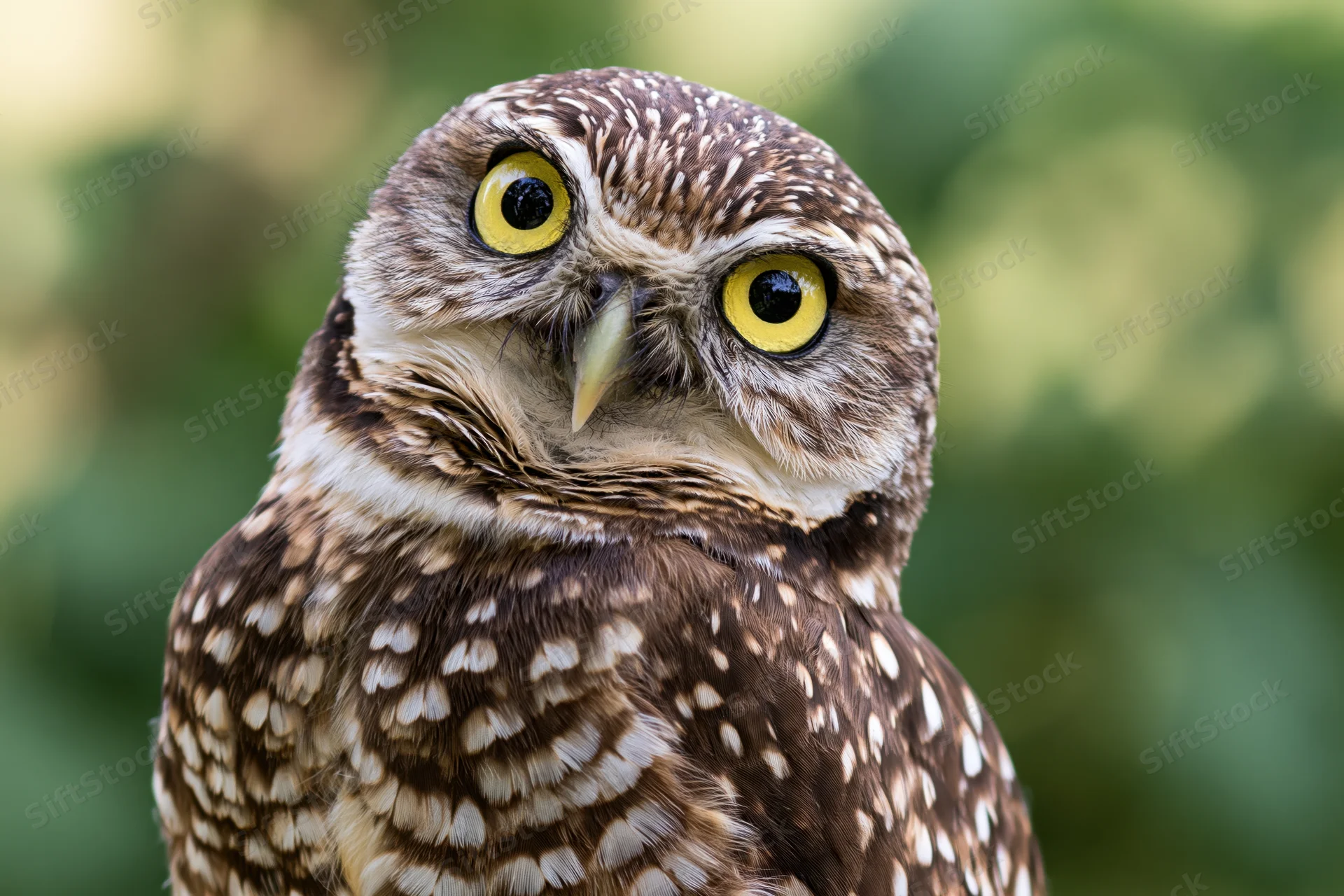 Burrowing owl tilting head sharply while staring directly at camera in natural outdoor setting