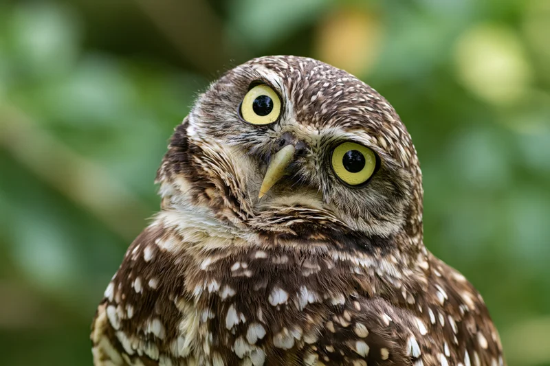Burrowing owl tilting its head sharply while staring directly at the camera in a green outdoor setting