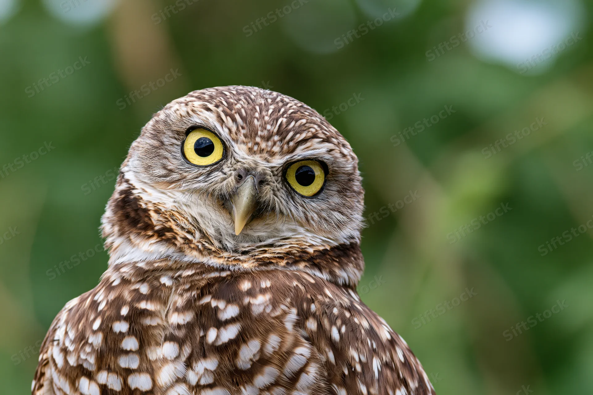 Burrowing owl with bright yellow eyes staring directly at camera in natural green setting