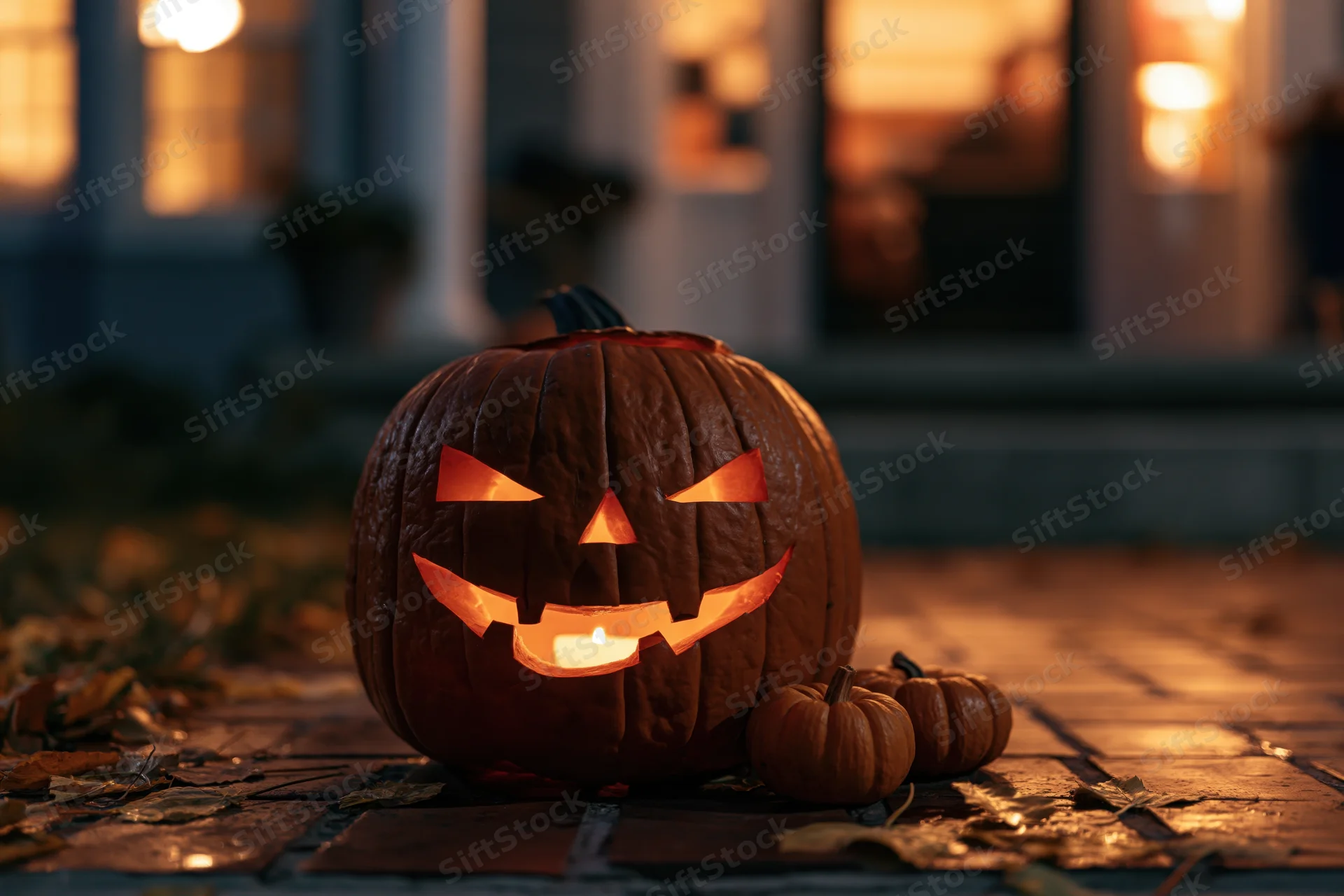 Carved jack-o-lantern glowing with candlelight on a porch at night