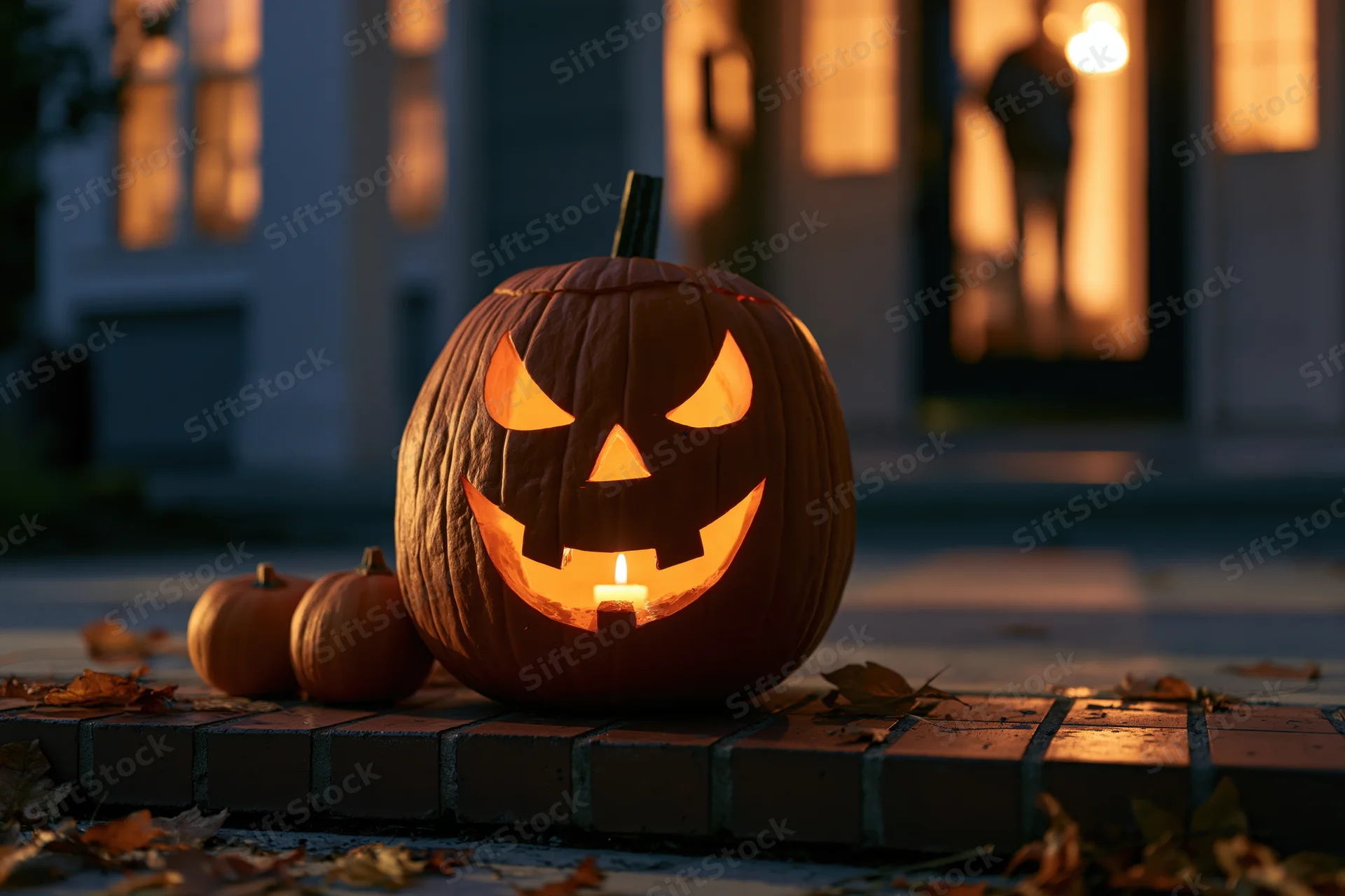 Carved jack-o-lantern glowing with candlelight on brick porch at night