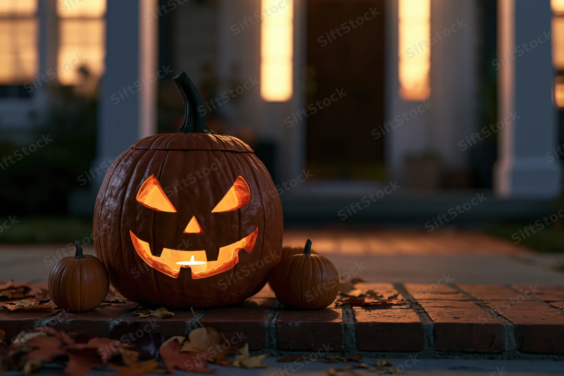 Carved jack-o-lantern glowing with candlelight on brick porch steps surrounded by autumn leaves