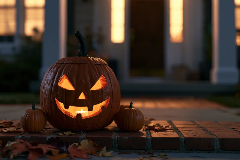 Carved jack-o-lantern glowing with candlelight on brick porch steps surrounded by autumn leaves