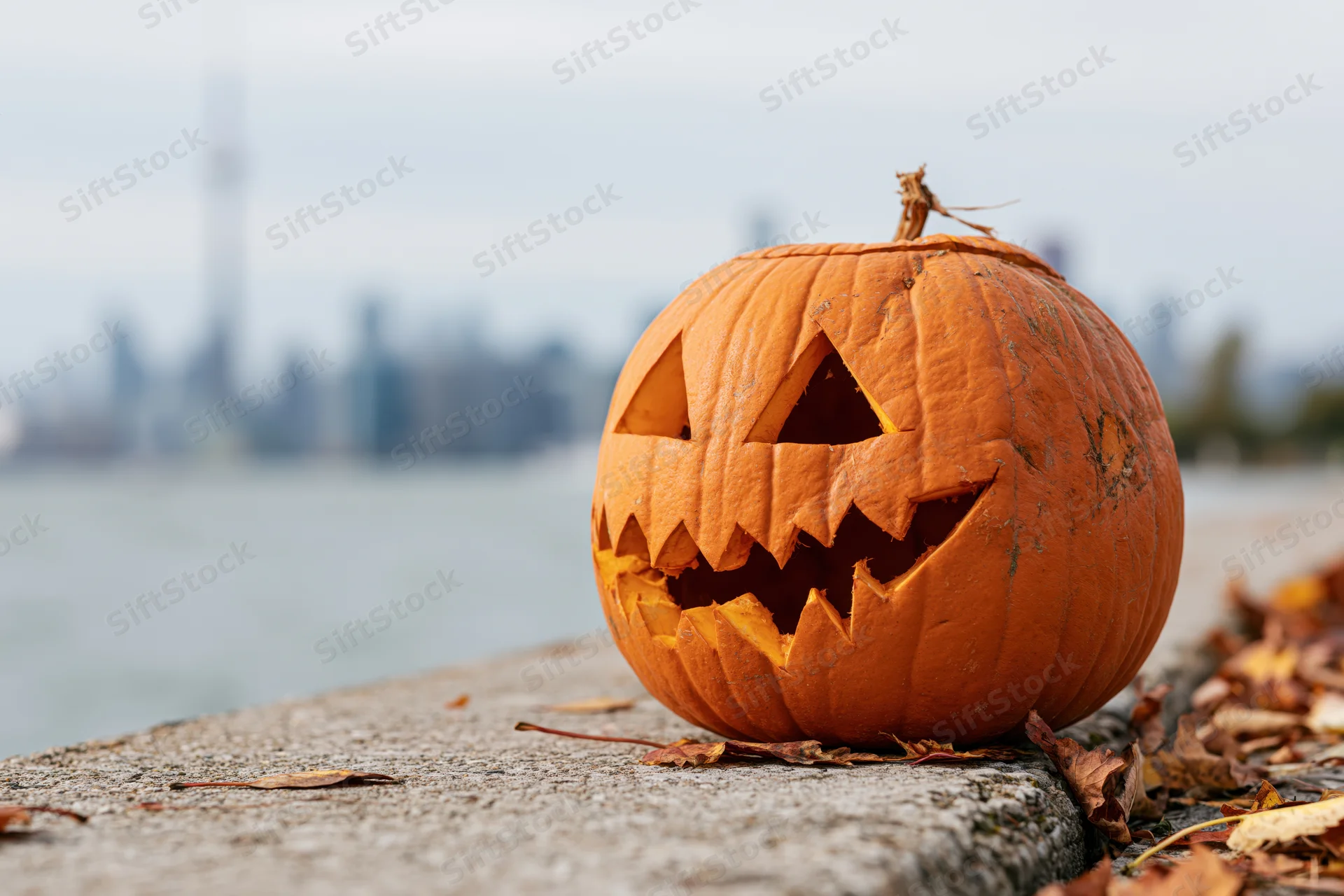 Carved jack-o-lantern on concrete ledge by lake with city skyline in background