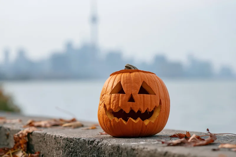 Carved jack-o-lantern on concrete ledge by lake with city skyline in background