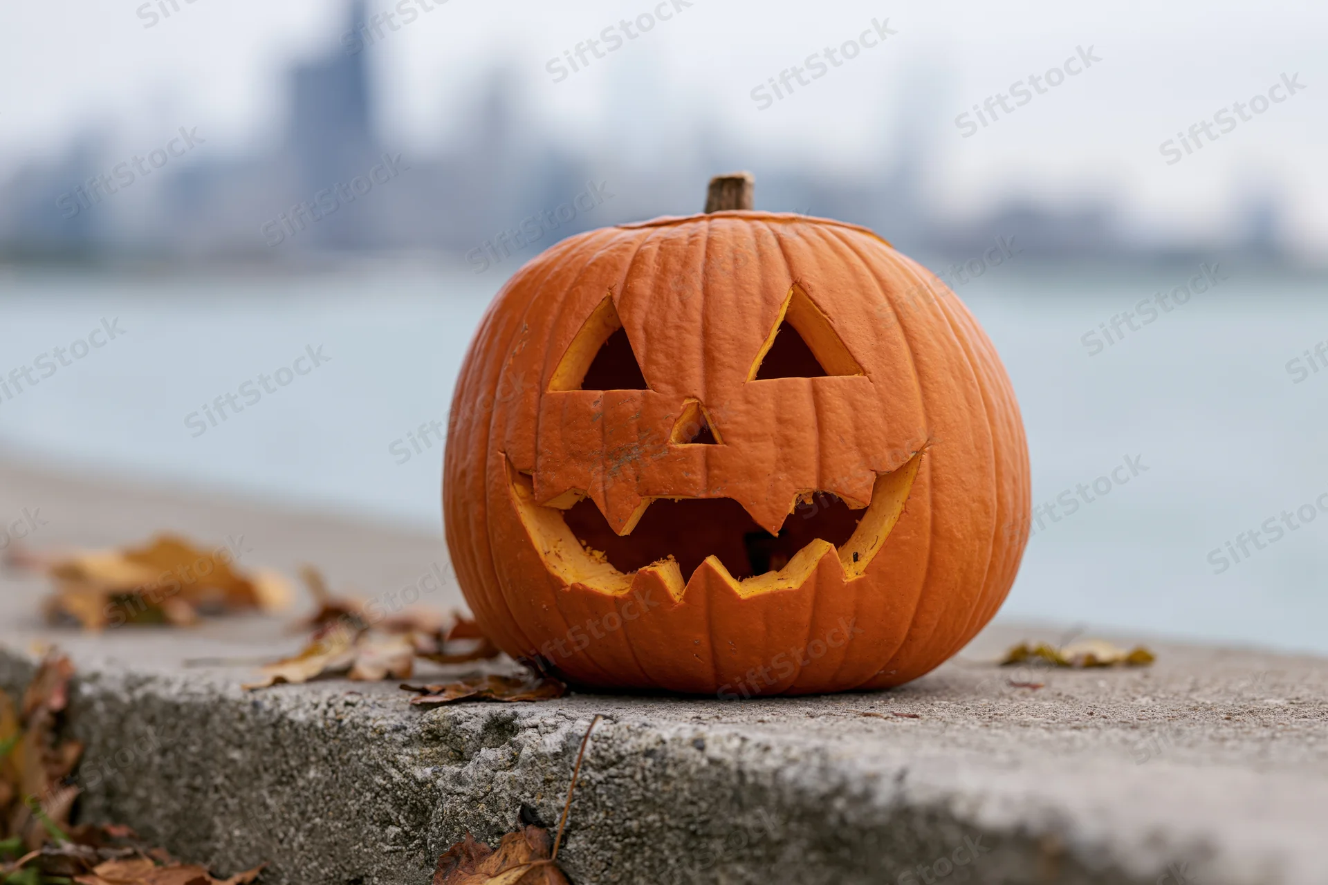 Carved jack-o-lantern on concrete ledge by lake with city skyline in background