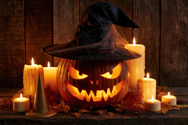 Carved jack-o-lantern with glowing menacing grin wearing witch hat surrounded by candles and autumn leaves on wooden table