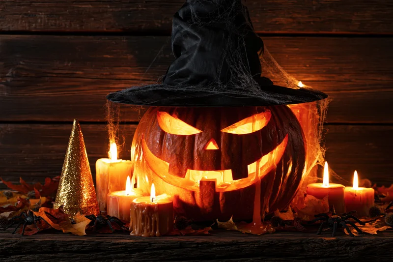 Carved jack-o-lantern with glowing grin wearing witch hat surrounded by candles and autumn leaves on wooden table