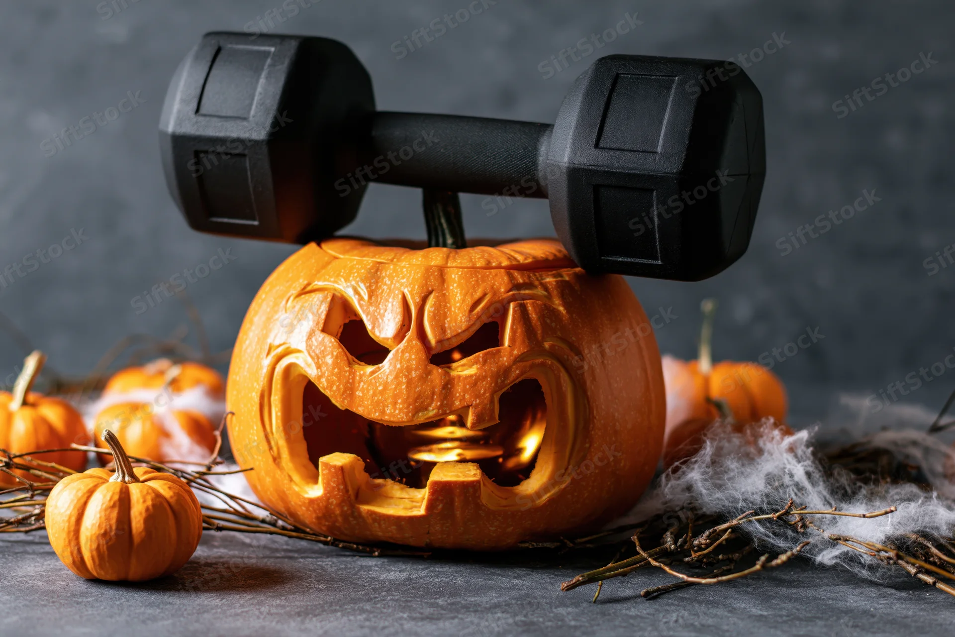 Carved pumpkin with grimacing face lifting a dumbbell on a gray surface surrounded by small pumpkins and cobwebs
