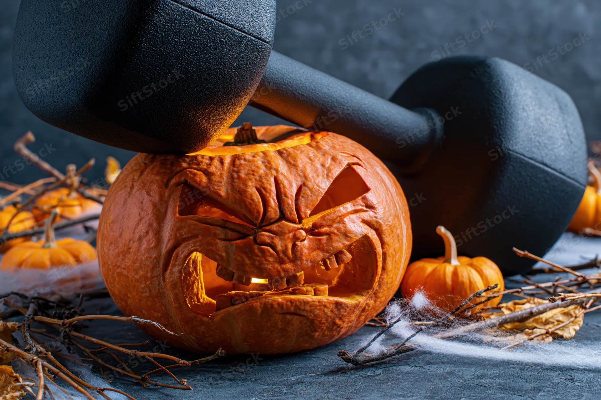 Carved pumpkin with grimacing face under dumbbell on dark surface surrounded by twigs and cobwebs