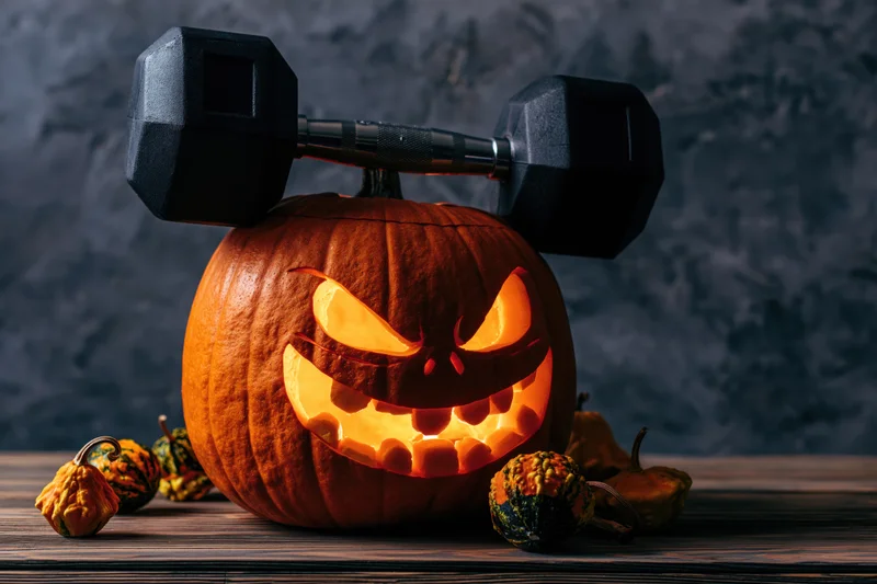 Carved jack-o-lantern with glowing grimacing face and dumbbell on wooden table