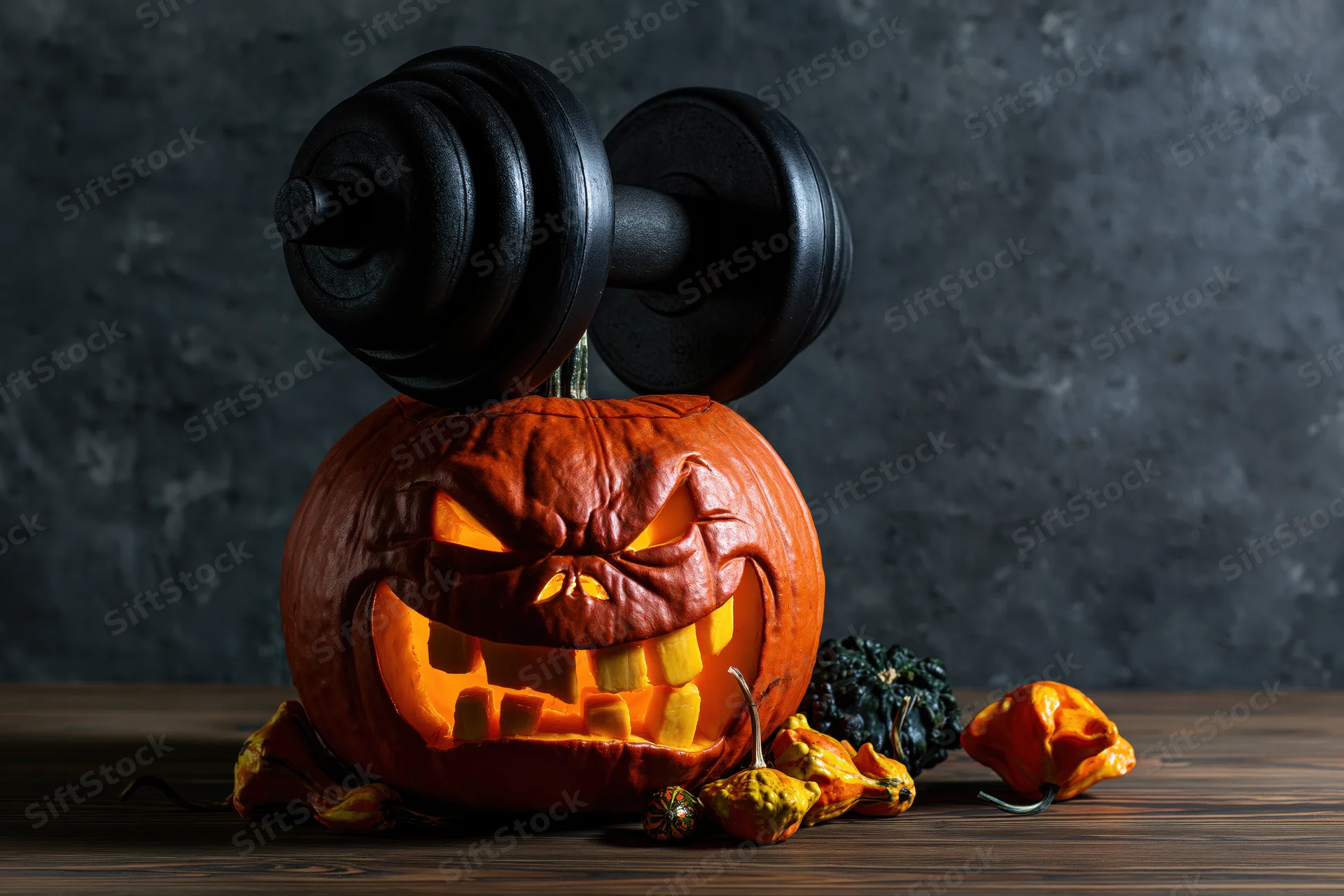 Carved pumpkin with grimacing toothy face and dumbbell on wooden table against dark textured wall