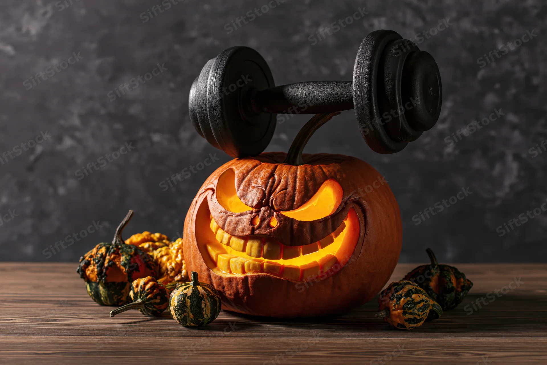 Carved jack-o-lantern with glowing grimacing face and dumbbell on stem, on wooden table with small pumpkins around