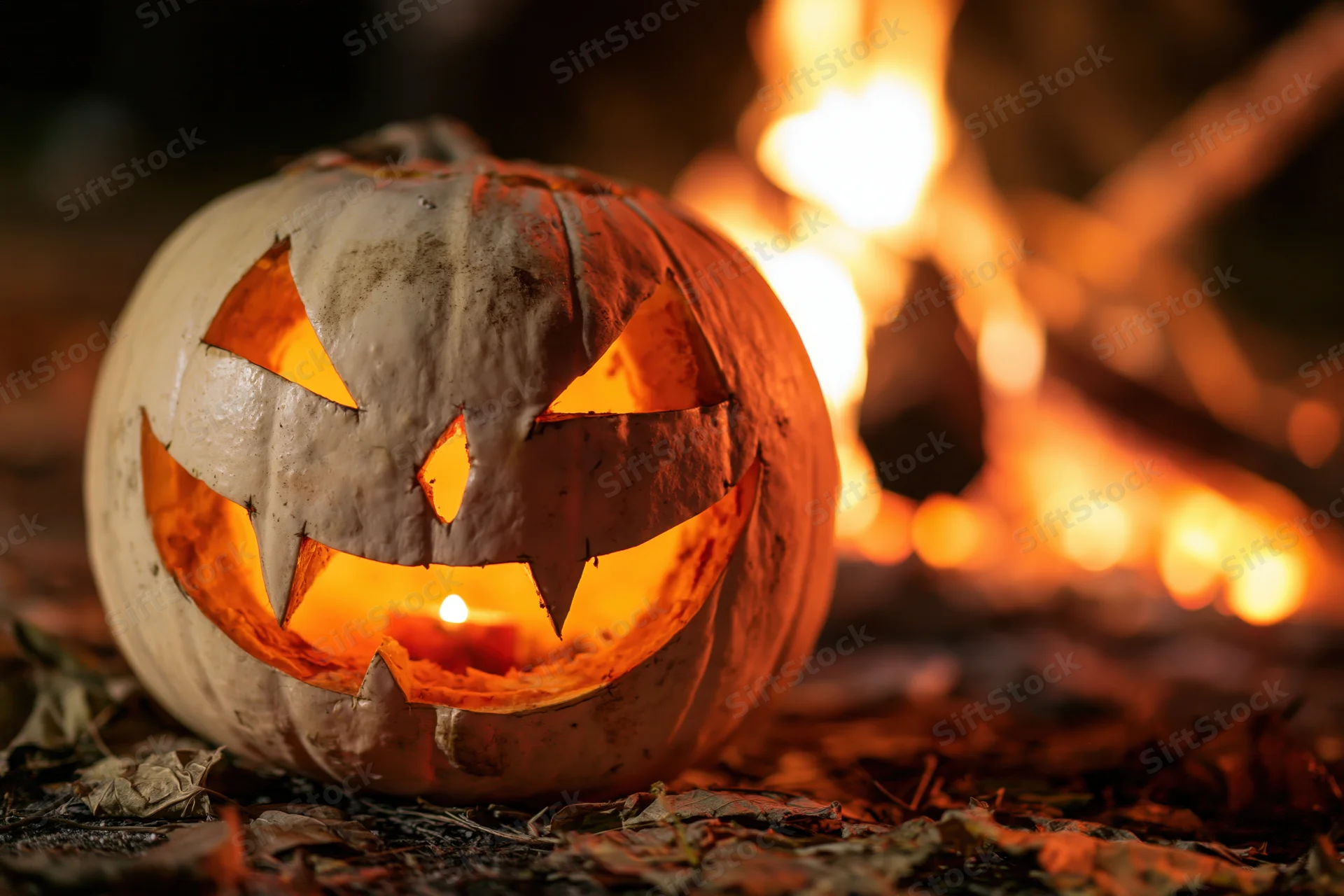 Carved white pumpkin with glowing triangular eyes and jagged grin lit by candle, set on leaf-covered ground near a crackling fire at night