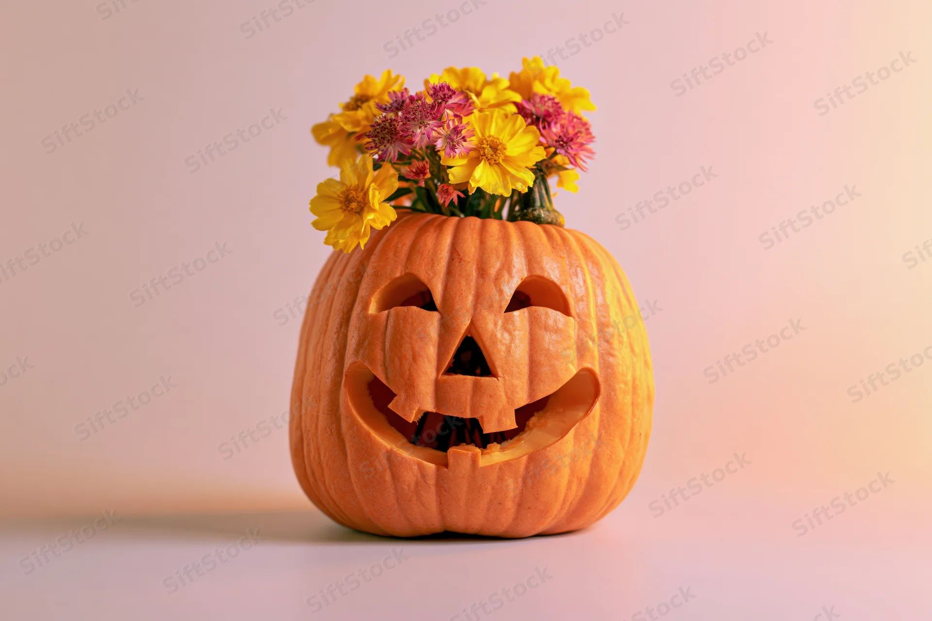 Carved pumpkin with floral arrangement as centerpiece on soft-lit surface