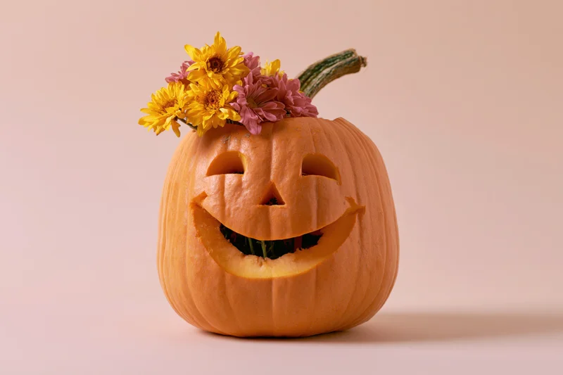 Carved pumpkin with a wide friendly smile and flowers on top against a plain background