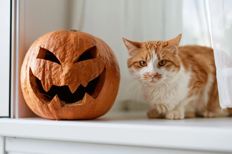 Carved jack-o-lantern with jagged grin sits beside ginger cat on white windowsill