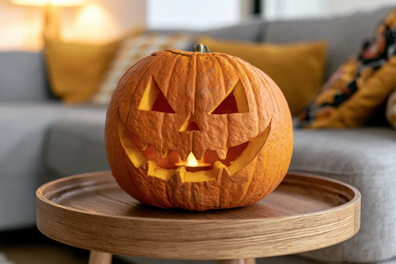 Carved pumpkin with jagged grin glowing on wooden tray in living room