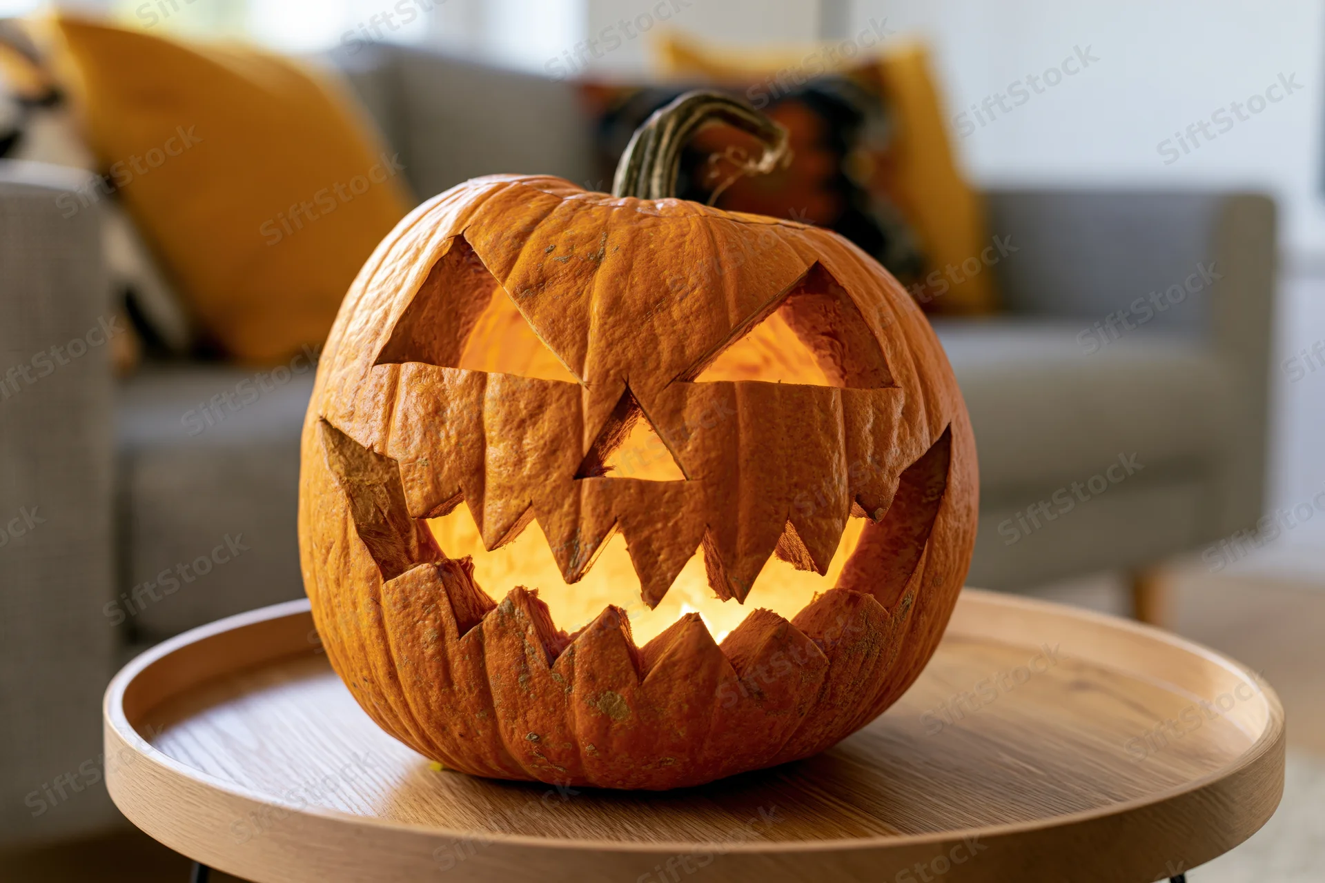 Carved pumpkin with jagged grin glowing on wooden tray in living room