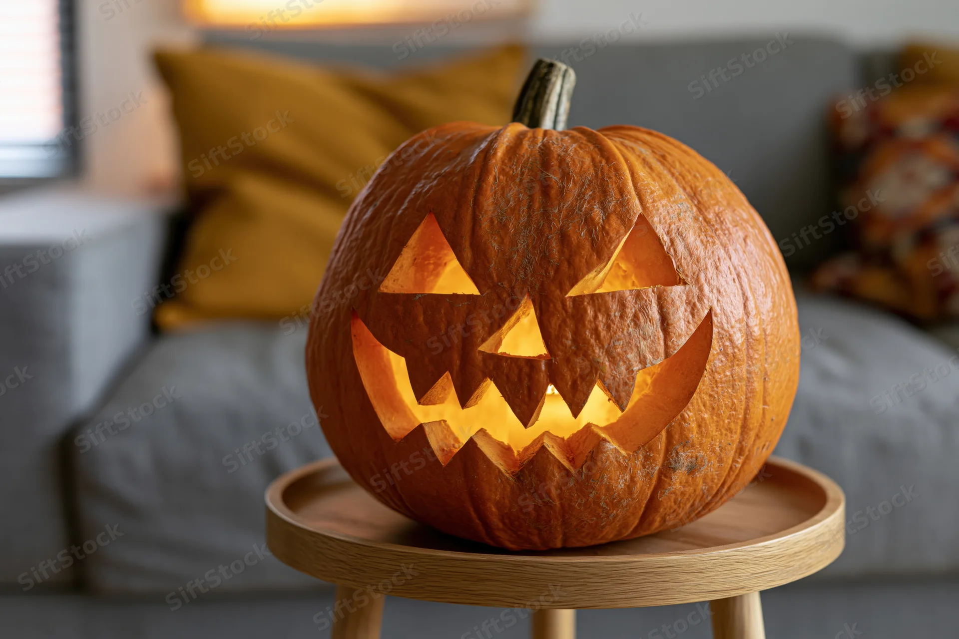Carved pumpkin with jagged grin glowing on wooden tray in living room