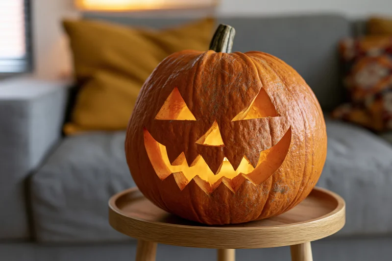 Carved pumpkin with jagged grin glowing on wooden tray in living room