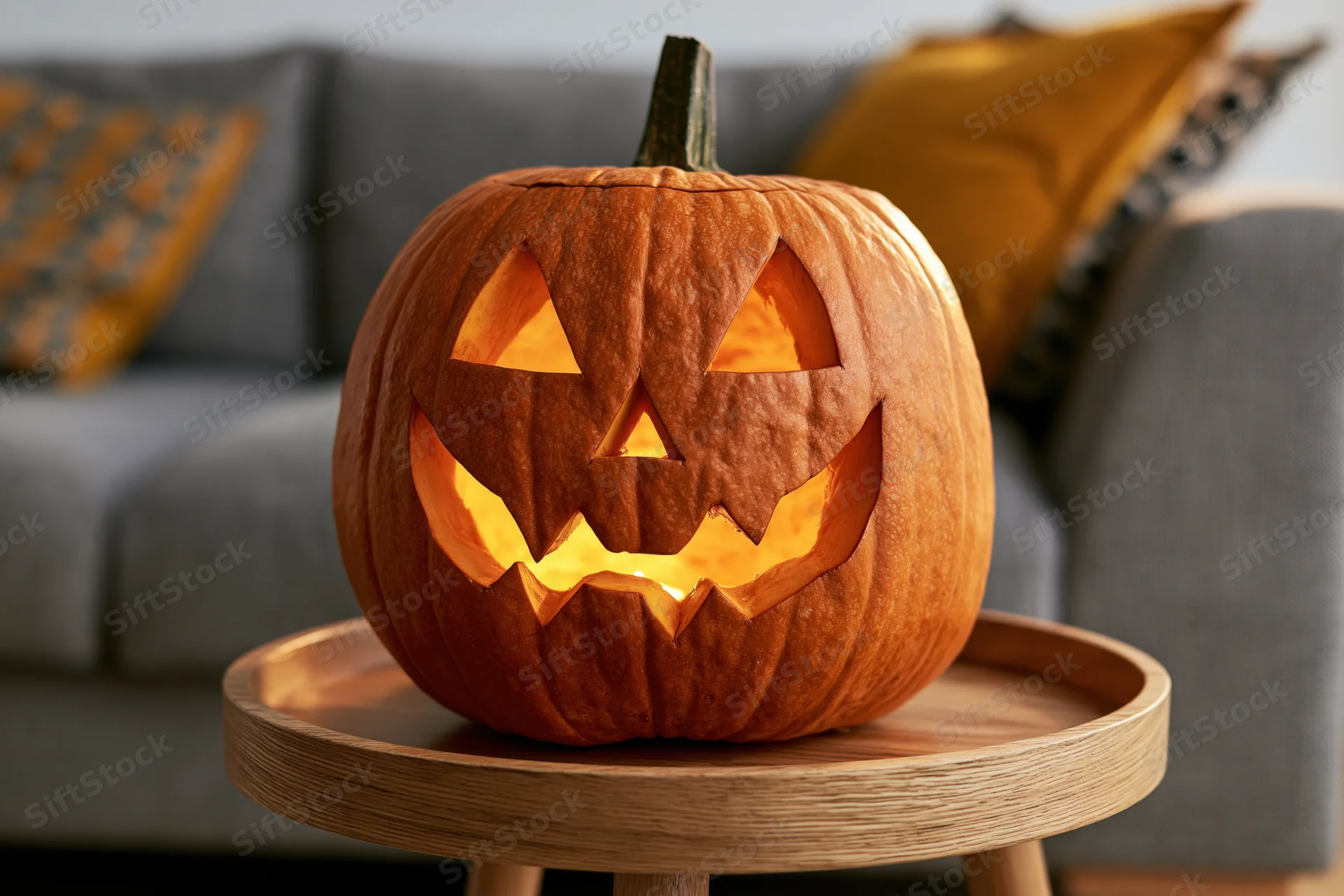 Carved pumpkin with jagged grin glowing on wooden tray in living room