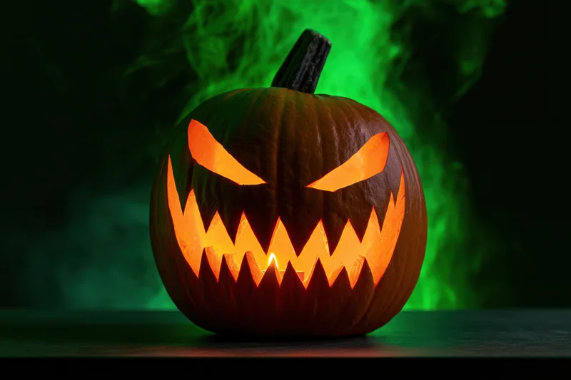 Carved pumpkin with jagged menacing face glowing from within on a dark surface with green smoke behind