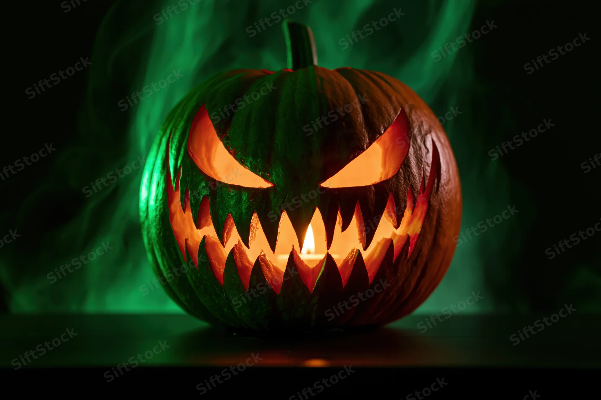 Carved pumpkin with jagged face lit by candle on dark surface with green smoke