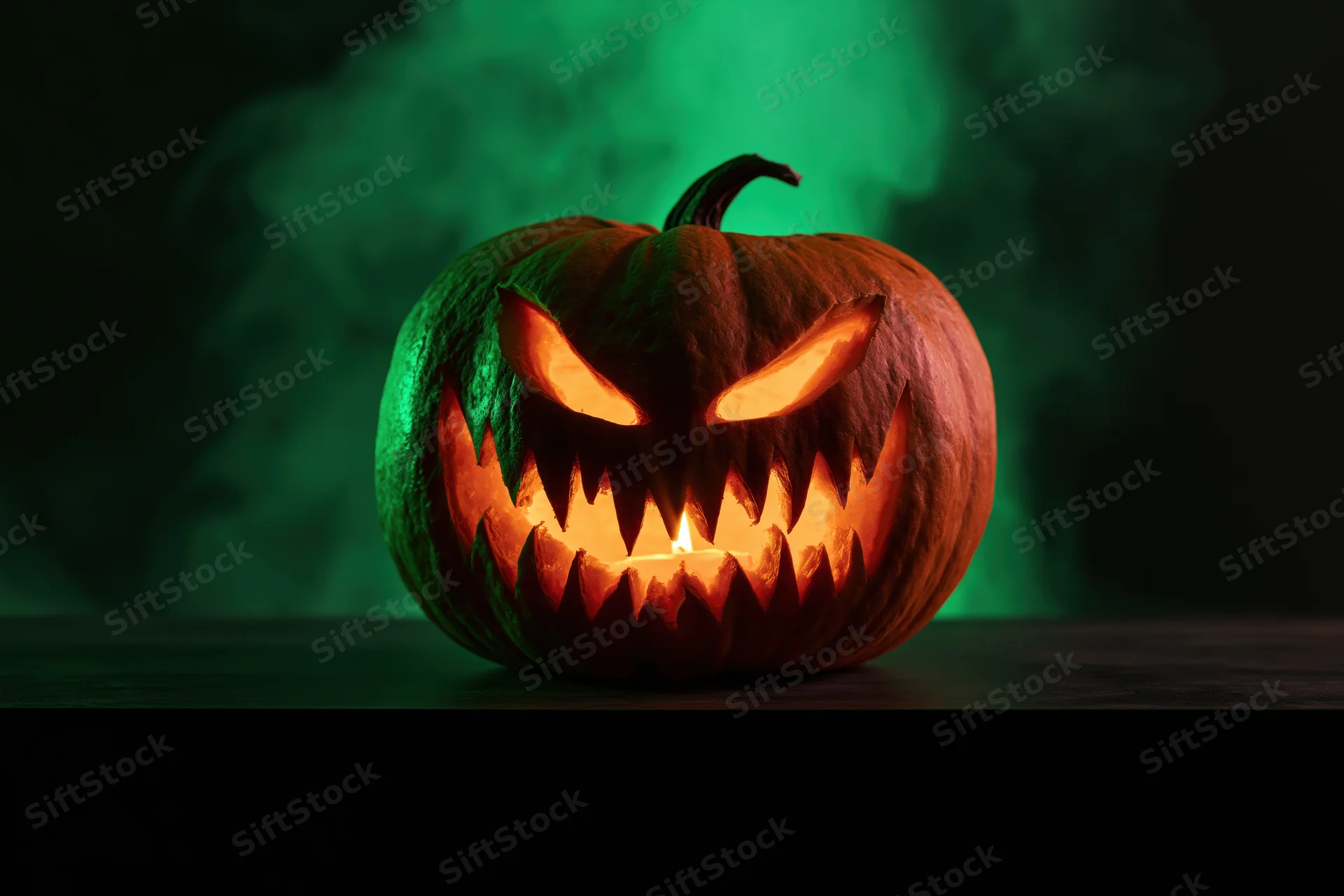 Carved pumpkin with jagged menacing face lit by candle on dark surface against green smoke background