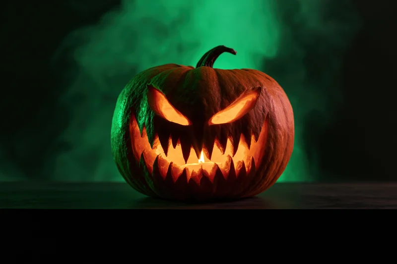 Carved pumpkin with jagged menacing face lit by candle on dark surface against green smoke background