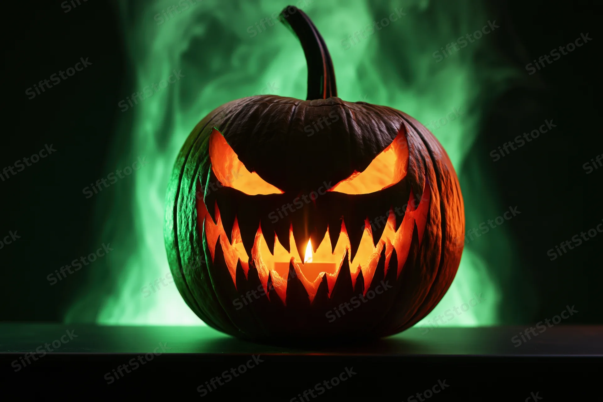 Carved jack-o-lantern with jagged menacing face glowing from within on dark surface with green smoke behind