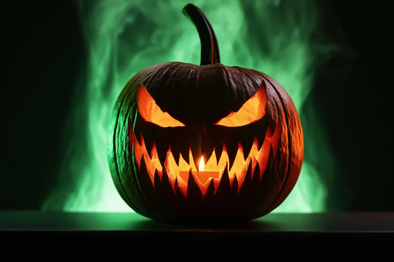 Carved jack-o-lantern with jagged menacing face glowing from within on dark surface with green smoke behind